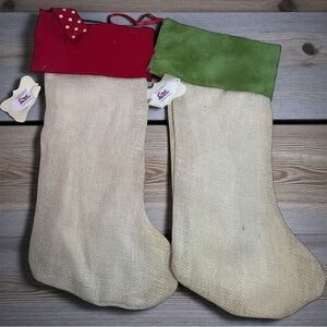 2 Christmas Stockings with green and red Trim burlap hand crafted lined.